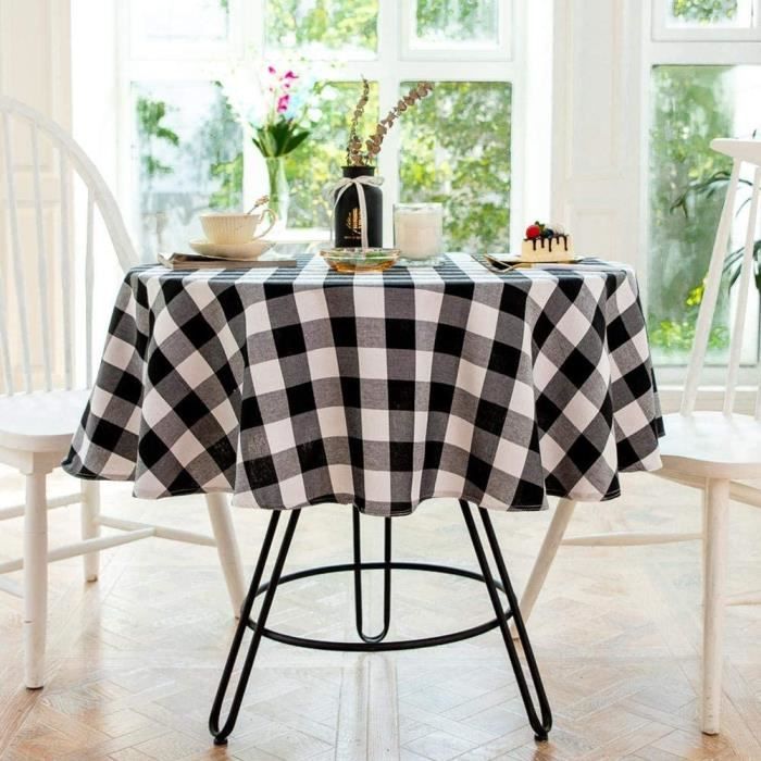 Nappe Ronde en Lin De Coton À Carreaux pour Les Fêtes, Noir Blanc, 140cm