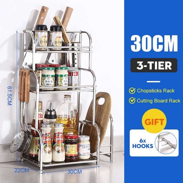 30CM 3-étage Étagère à épices Cuisine rangement Support stockage bouteille pots Porte Couteau Fourchette Planche à découper