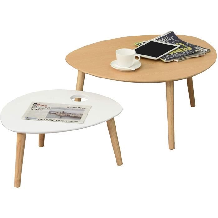 TABLE GIGOGNE HOMCOM Lot de 2 Tables Basses gigognes Design scandinave Bicolore Bois Clair Blanc Pieds effileacutes Bois Massif 66