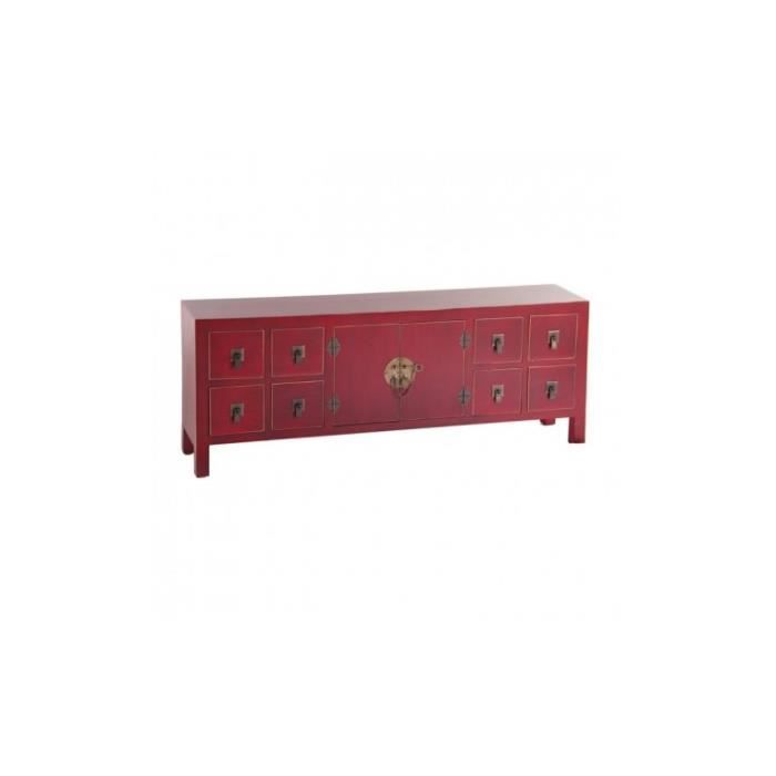 Meuble tv bois rouge à motifs 8 tiroirs 2 portes métal ORIENTE