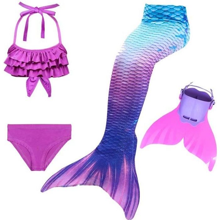 4PCS Ariel Deguisement Queue de Sirène Enfant avec Monopalme pour Nager Natation Petite Sirene Fille Maillot de Bain DH37
