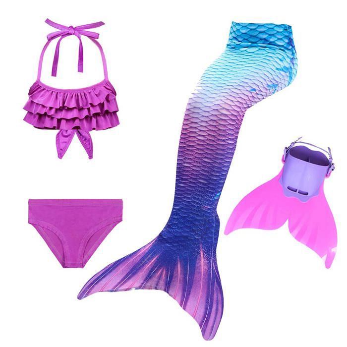 4PCS Ariel Deguisement Queue de Sirène Enfant avec Monopalme pour Nager Natation Petite Sirene Fille Maillot de Bain DH37