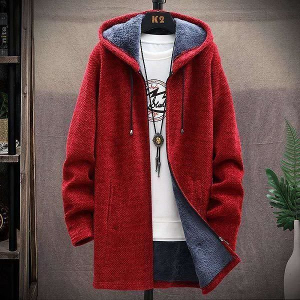Pull homme,Hommes chandail polaire Cardigan veste d'hiver hommes chandails fins hiver Long à capuche chandail épais chaud manteau
