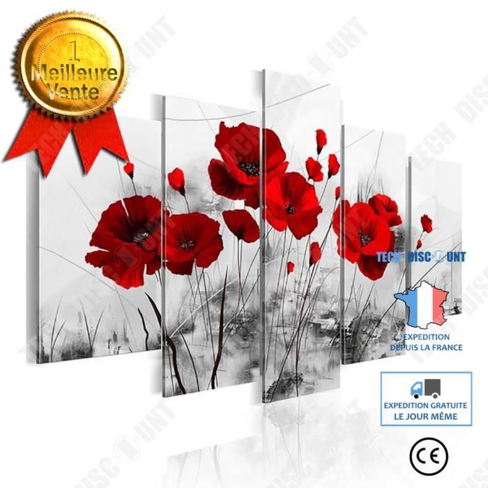 tableau coquelicots rouge sur fond blanc toile peinture fleurs décoration murale 5 pcs vertical moderne champs sans cadre salon