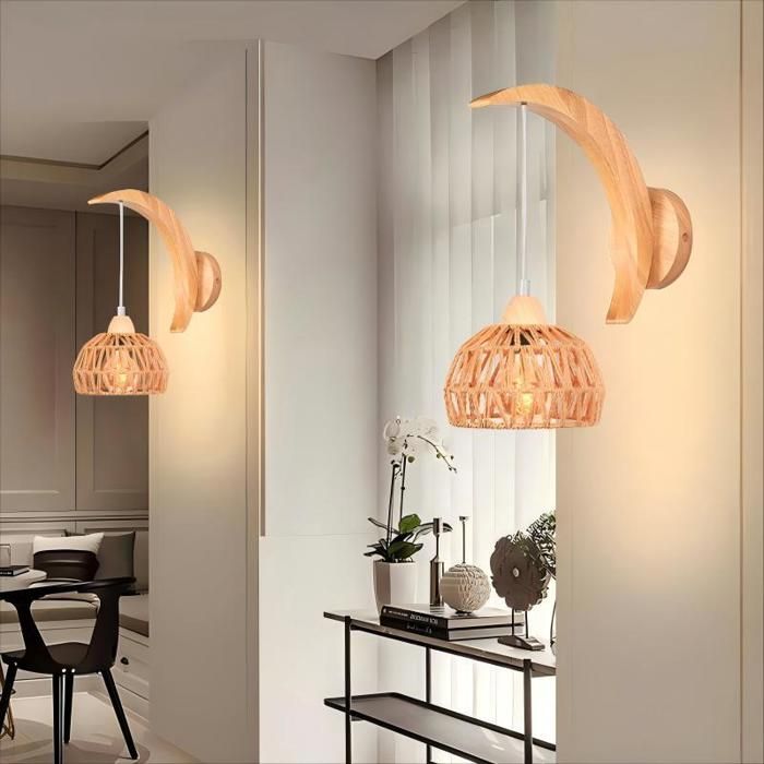 WOTTES Lot de 2 Applique Murale Intérieure en Bois et Rotin Brun Suspension Luminaire Industrielle Design Croissant pour Cuisine
