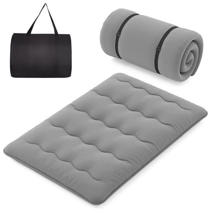 Surmatelas 140 x 200 CM COSTWAY Matelas Futon Amovible Lavable Matelas de Sol Portable avec Sac de Transport pour Camping Gris