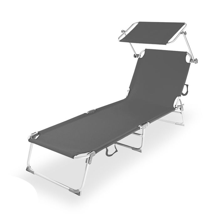 Transat Chaise longue pliante Bain de soleil coloris anthracite avec Pare-soleil - Longueur 187 x Profondeur 56 x Hauteur 26 cm