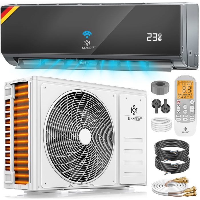 KESSER® Climatiseur fixed Quick Connect Mono Split système Kit 9000 BTU/h + WiFi APP LCD Refroidissement et Chauffage Anthracite