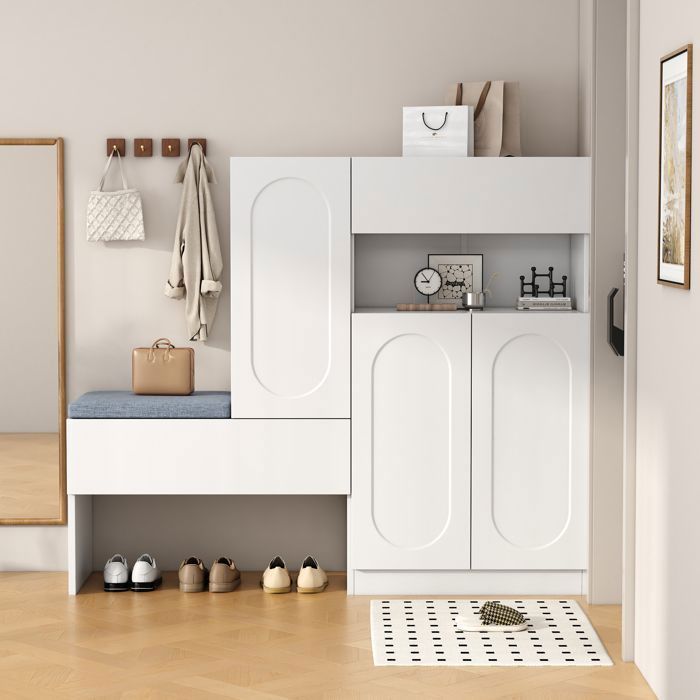 Armoire à Chaussures avec Banc Rembourré avec Porte à Clapet Soft-Close Étagères Ajustables Meuble Entrée Blanc 130×35×110 cm