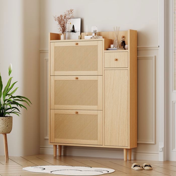 Armoire à chaussures - Merax - Bois et rotin - 3 portes inclinables - 1 tiroir - Compacte