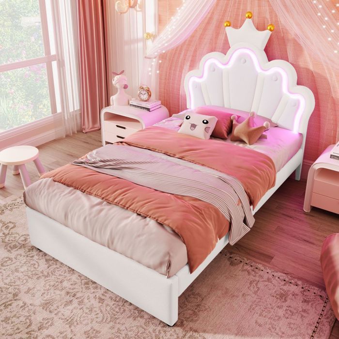 Lit Simple Lit princesse couronne 90x200cm blanc PU 2 tiroirs tête réglable lumière télécommandée - Sans Matelas