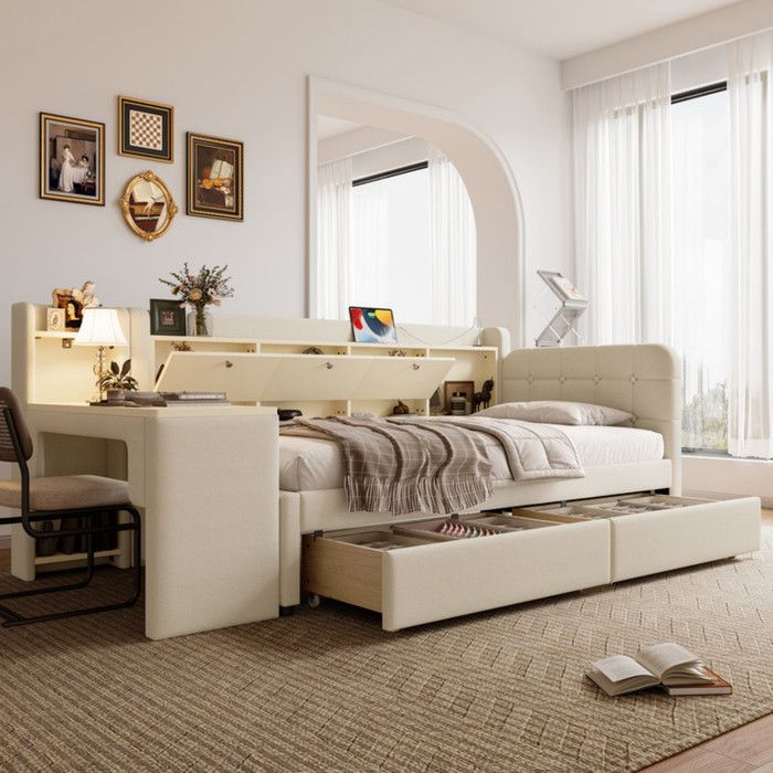 Canapé Lit 90x200cm avec Un Bureau et 2 Tiroirs Lit Simple avec Coffre de Rangement Rabattable Lit Enfant avec USB + Type-C Beige