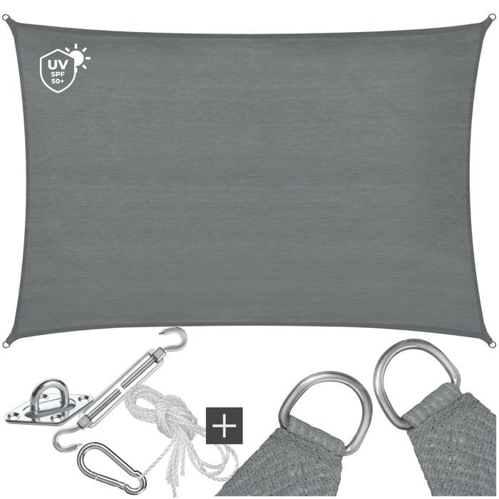 Voile dombrage - TECTAKE - Protection solaire SUNNY extérieur en HDPE indéchirable avec protection UV imperméable 3x4m - Gris