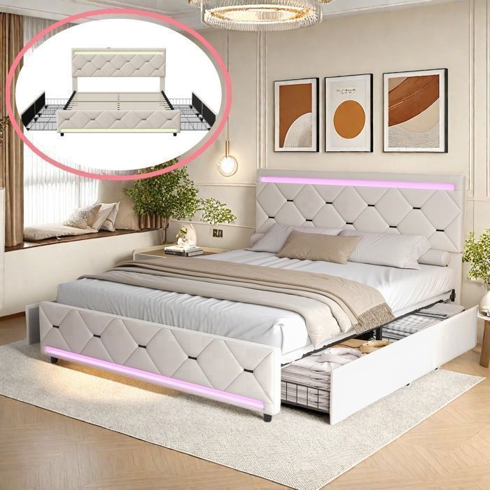 Lit capitonné 160 x 200 cm Lit doubleavec 4 tiroirs éclairage LED Ports USB et Type-C Lit fonctionnel Velours Blanc Cassé