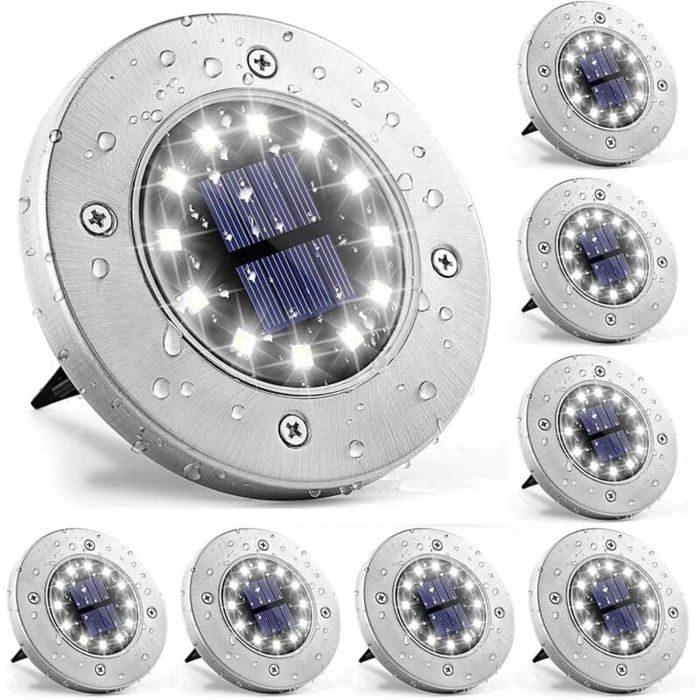 Lumière Solaire Extérieur - PZCC - 8 lampes - 12 LED - IP65 étanche - Inox 6-8h dautonomie