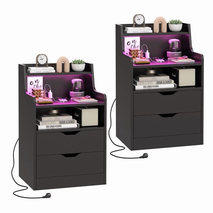 PIPIPOXER Lot de 2 Table de chevet avec Prise et ports USB 2 tiroirs et 1 niche Éclairage LED Réglable 45x35x72 cm Noir