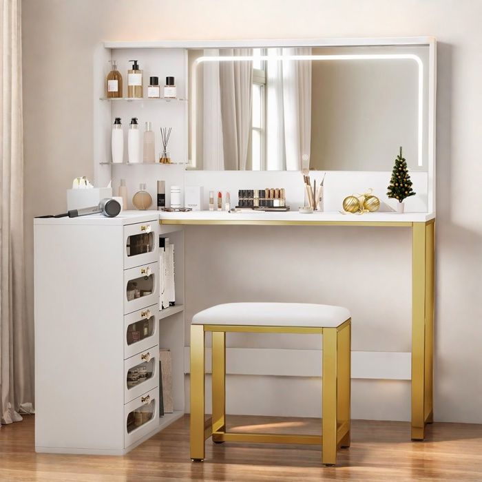 Coiffeuse dangle - Blanche Moderne - Miroir LED 3 tons - 5 tiroirs transparents - Design gain de place