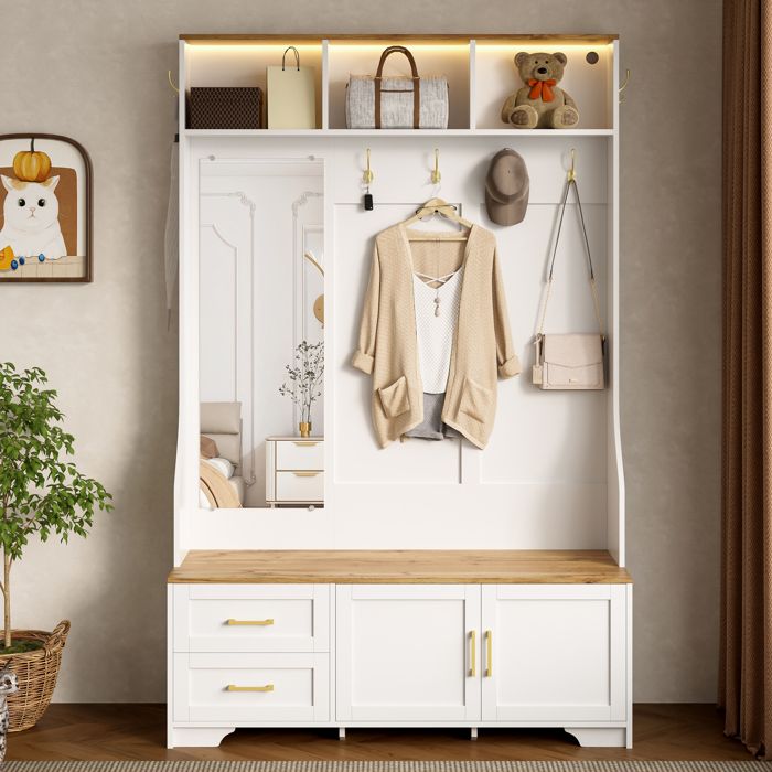 Merax Meuble d’Entrée avec LED Miroir Tiroirs & Crochets – Vestiaire Moderne Bois et Blanc avec Banc de Rangement 120×187×40 cm Merax Meuble d’Entrée avec LED Miroir Tiroirs & Crochets – Vestiaire Moderne Bois et Blanc avec Banc de Rangement 120×187×40 cm