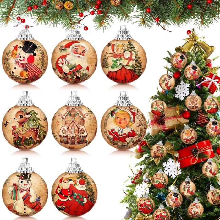 Boule De Noël Vintage Avec Père Noël - Décoration Sapin 8cm, Motifs Traditionnels En Plastique Transparent - 12