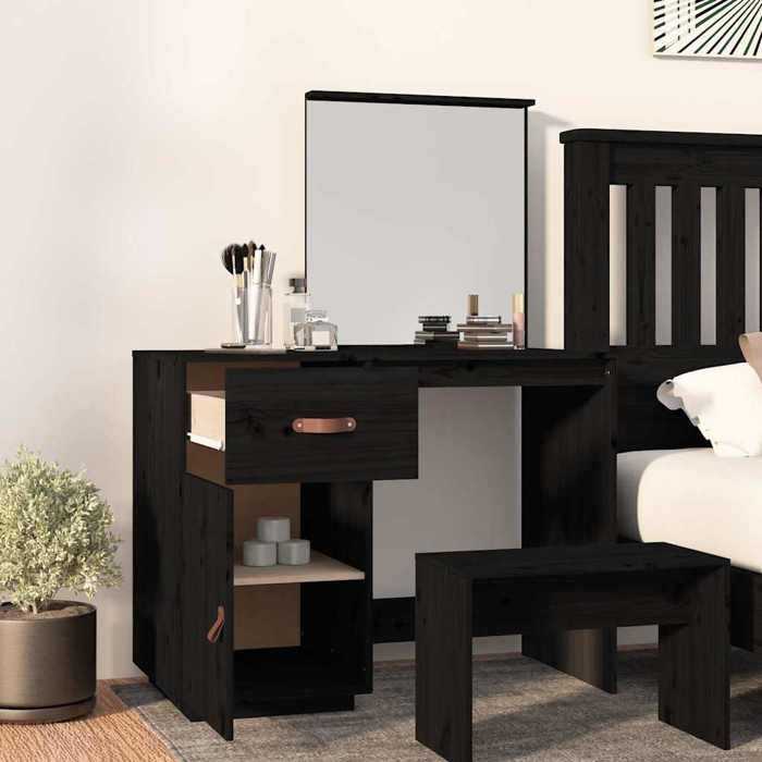 Coiffeuse en bois de pin massif - vidaxl - Noir - 95x50x135 cm - Miroir inclus - Grand espace de rangement