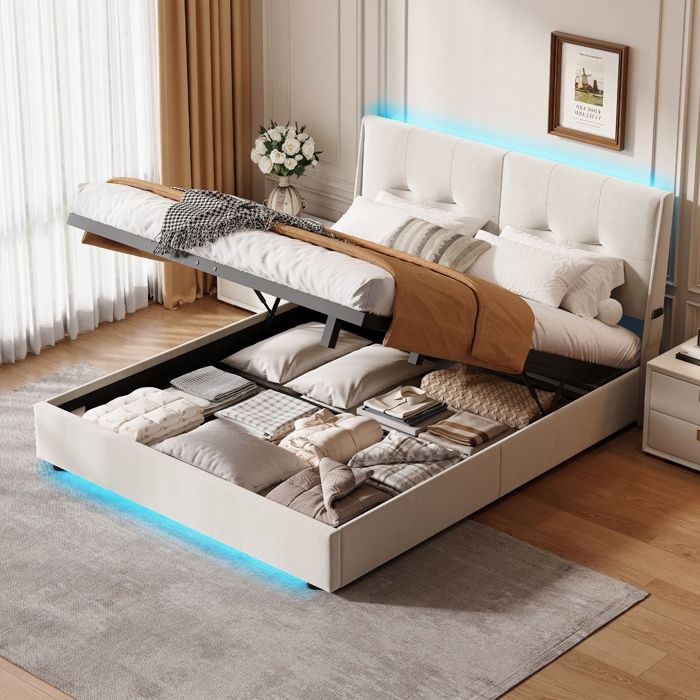 lit coffre double160 x 200cm lit 160x200 avec Sommier et coffre LED réglable Lit Capitonné avec levier hydraulique velours