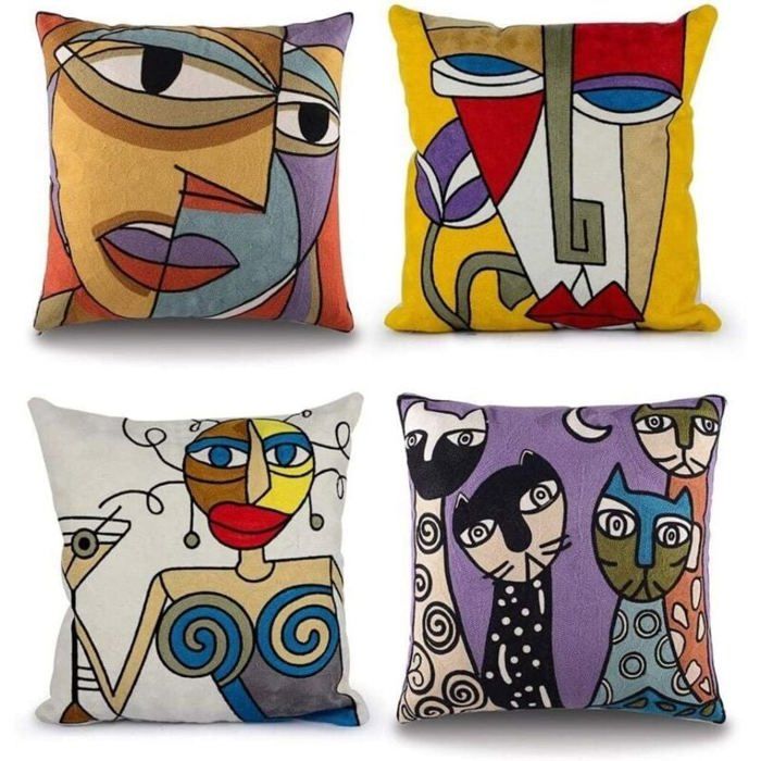 Lot de 4 Housse de Coussin Picasso 45x45cm Vintage Motif Abstrait Impression Housses de Coussin décoratives en Peluche pour canapé