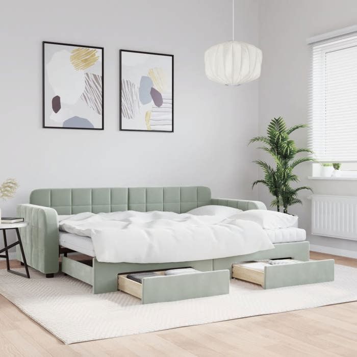 Lit de jour avec gigogne - vidaXL - Gris clair - Velours - 223x91x71 cm - 223x173 5x71 cm étendu - 2 matelas en mousse