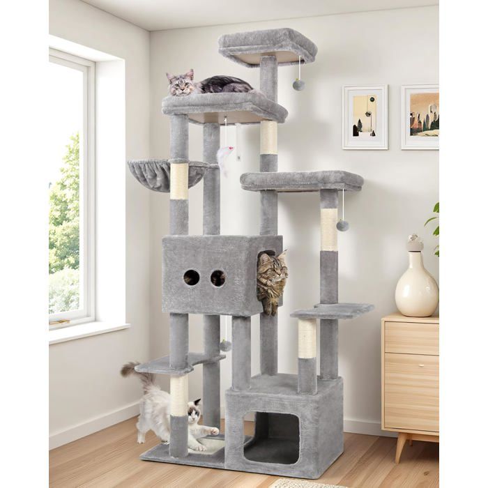 Arbre à chat XXL - HOLISANE - F80E - 203 cm - 2 niches 45x40x35 cm - Planche et 5 poteaux sisal