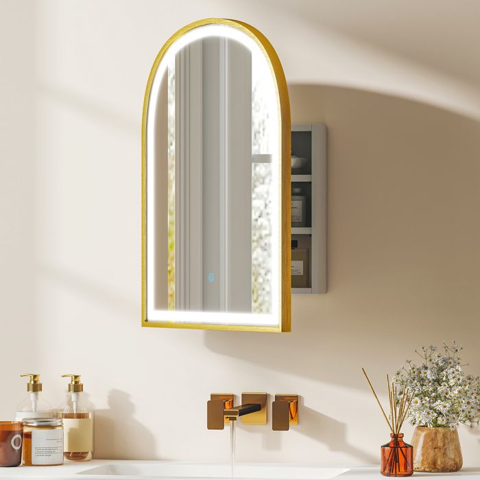 Armoire murale salle de bain avec miroir et éclairage LED porte arquée anti-buée 50x145x70cm doré