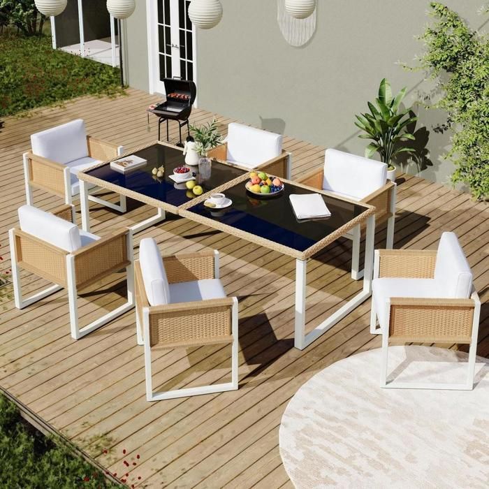 Ensemble jardin 6 personnes - KOMHTOM - 1 table + 6 chaises - Corde tressée - Table verre trempé - Coussins 8 5 cm Ensemble jardin 6 personnes - KOMHTOM - 1 table + 6 chaises - Corde tressée - Table verre trempé - Coussins 8 5 cm