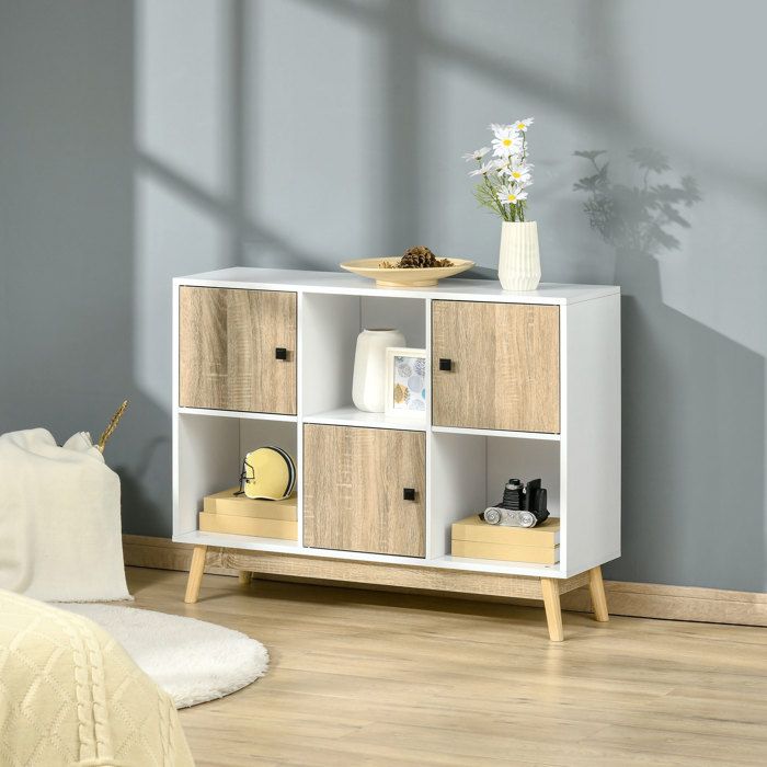 MOTHINESSTO1085-Buffet salon meuble de rangement 9 cubes avec 3 portes et 3 compartiments ouverts pieds en bois de pin style mode