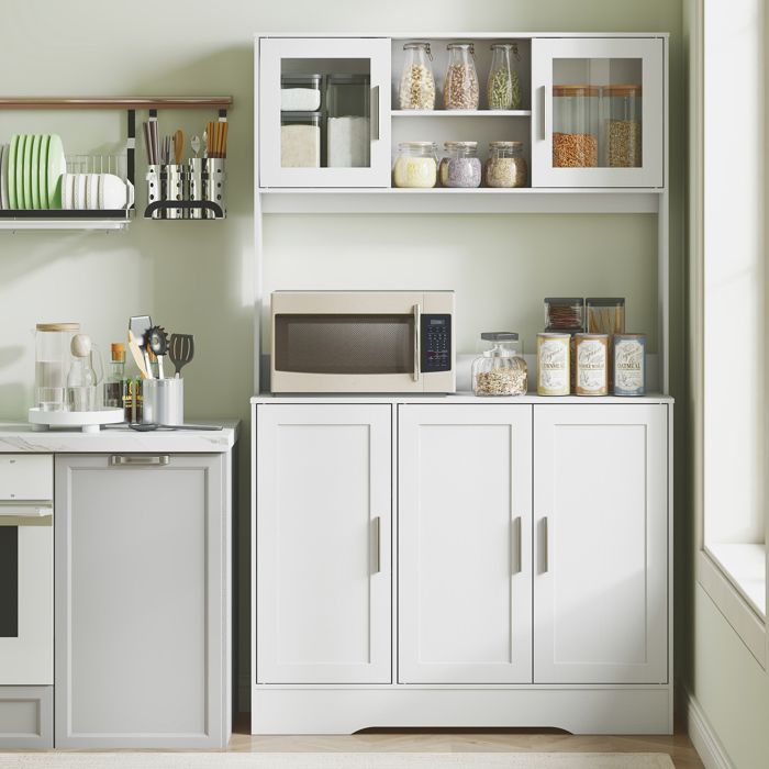 MOTHINESSTO4286-Armoire de cuisine scandinave avec placards compartiments ouverts portes vitrées et plan de travail blanc