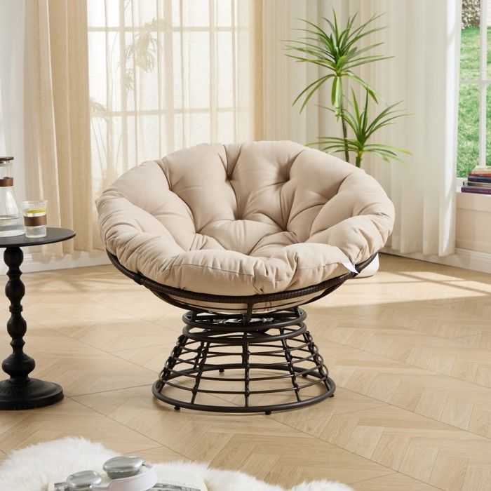 Fauteuil Papasan 92x92x67cm Osier Pivotant 360°Coussin Épais Confortable Marron Beige Salon Lecture
