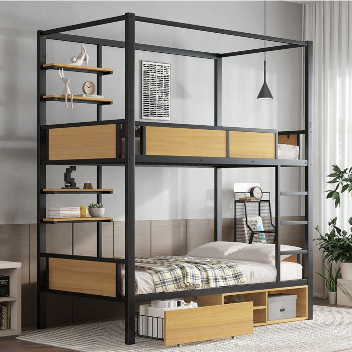Lit superposé en métal noir et bois naturel 90x200cm avec double étagère et rideau de lit pour rangement optimisé