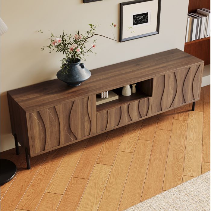 WOVREO Meuble TV 3 portes 160 x 35 x 46 cm avec niche centrale passe-câbles MDF coloris naturel