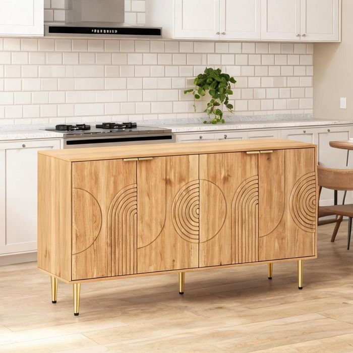 Buffet 4 portes en MDF ton bois naturel 140x40x72 cm style moderne épuré