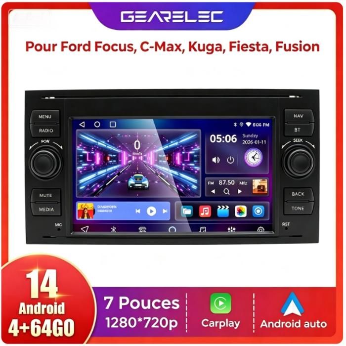 Autoradio 7 Pouces Android 14 pour Ford Focus C-Max Kuga Fiesta Fusion 4Go+64GoCarPlay Android Auto GPS Bluetooth RDS WiFi
