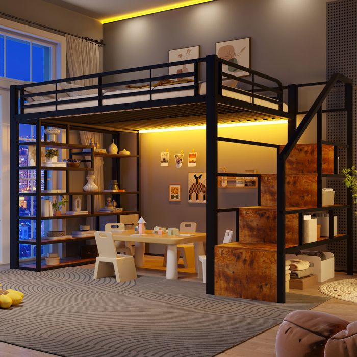 Lit mezzanine - 140x200 cm - Cadre en fer et MDF - Étagères intégrées - Tiroirs en tissu - Marches intégrées