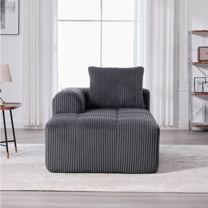 Fauteuil lounge 1 place AESVAR en velours côtelé gris foncé avec porte-gobelet et poches latérales