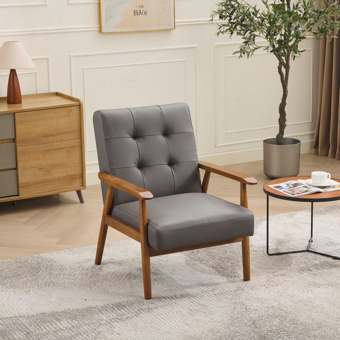 Fauteuil de relaxation en cuir véritable gris avec accoudoirs en bois de caoutchouc style classique