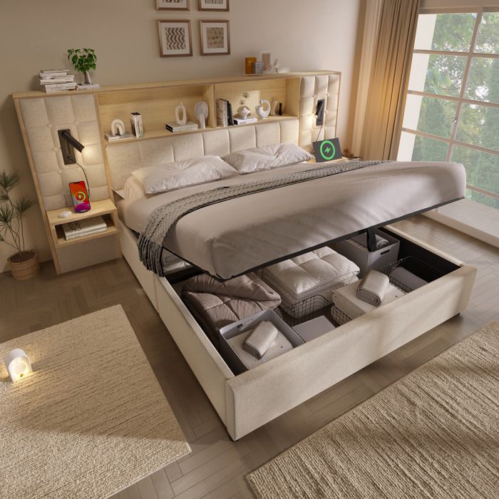ROVRYN Lit coffre 180 x 200 cm beige avec sommier a lattes 2 liseuses chevets integres USB et USB-C