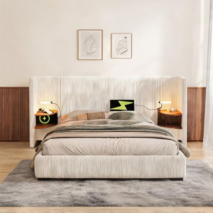 Ensemble lit double 160×200 cm avec coffre hydraulique chevets lampe tactile et ports USB velours côtelé beige-toned