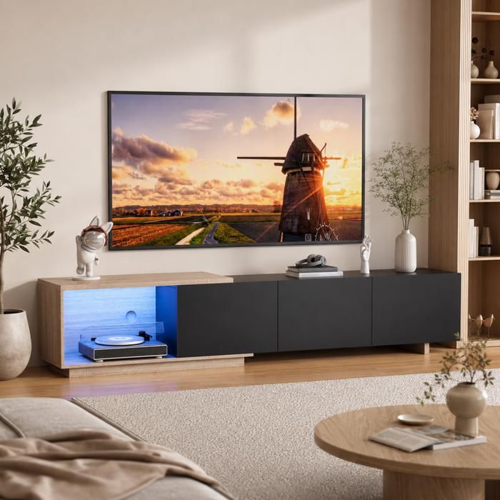 Meuble TV Extensible avec 3 Tiroirs à Poussée Meuble TV Bas avec Eclairage LED Meuble Télé de Salon Large Plateau Noir