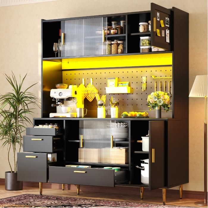 Buffet de Cuisine 140 x 40 x 180 cm - LED App Portes Coulissantes Panneau Perforé Noir Brillant