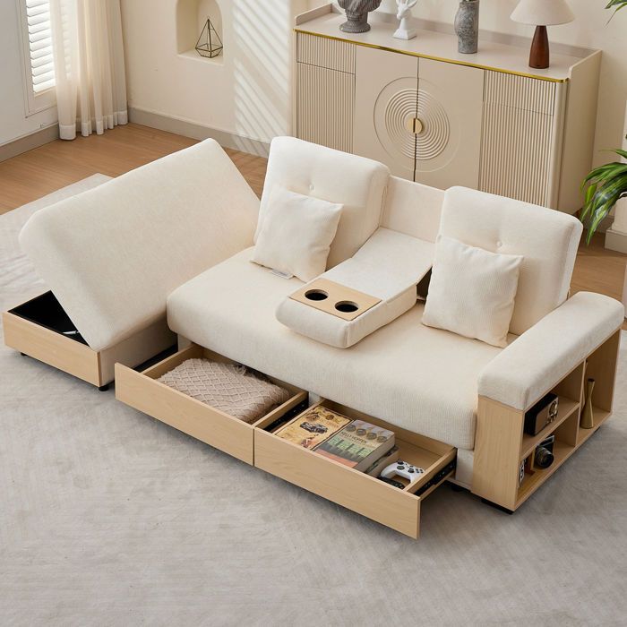 Canapé dangle convertible 217 x 110 x 90 cm dossier réglable 3 positions 2 tiroirs pouf coffre porte-gobelet Chenille Beige