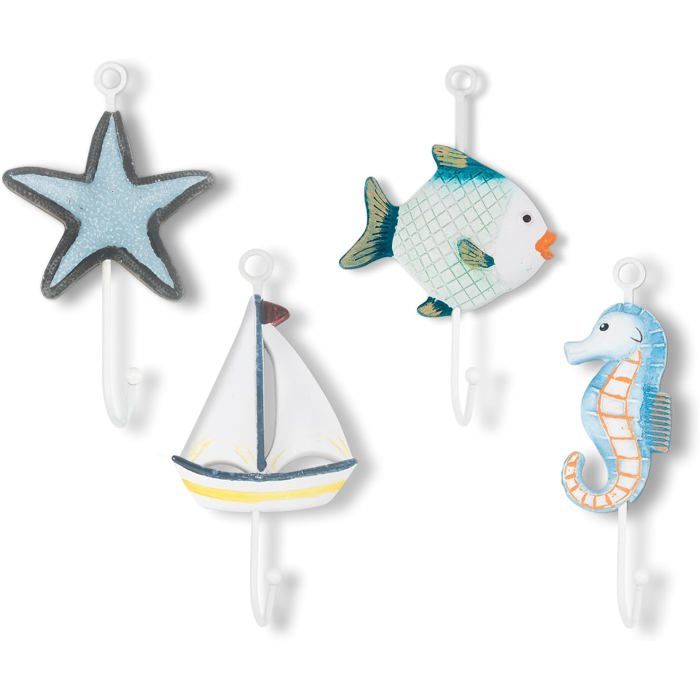 Lot de 4 crochets déco nautiques étoile de mer hippocampe porte‑manteau pour clés sacs et serviettes de plage