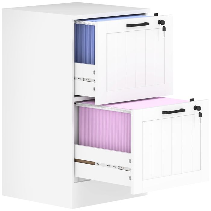 Caisson Bureau 2 Tiroirs Bois Blanc avec Serrure et Barres de Suspension Réglables 40x40x71cm