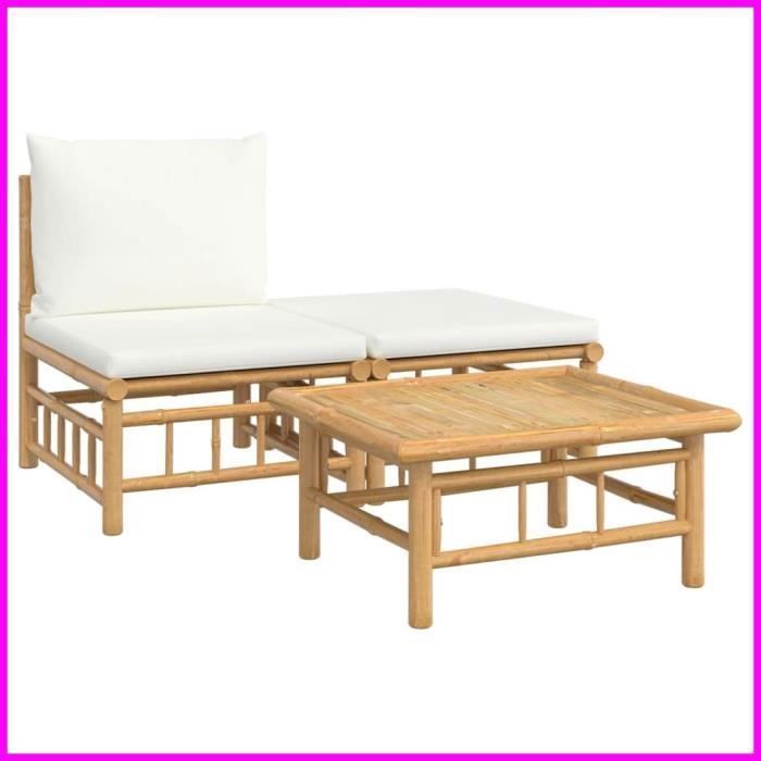 Salon de jardin 3 pcs avec coussins blanc crème bambou -BK362297 (PLA)