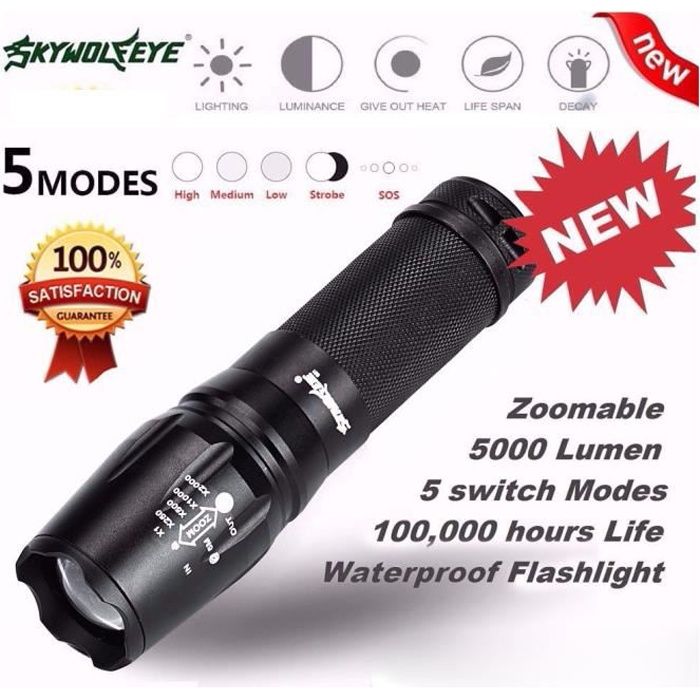 Lampe torche 5 000 lumen 5 modes t6 avec zoom g700 lumineuses x800 18650