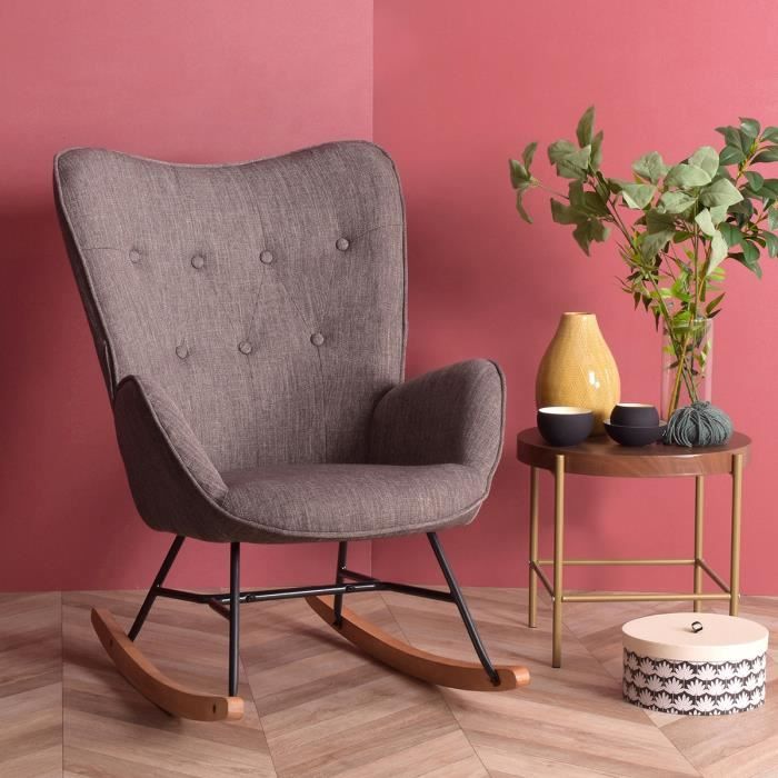 meubles cosy fauteuil à bascule chaise loisir et repos tissus gris foncé pour le salon salle à manger pieds e' bois métal